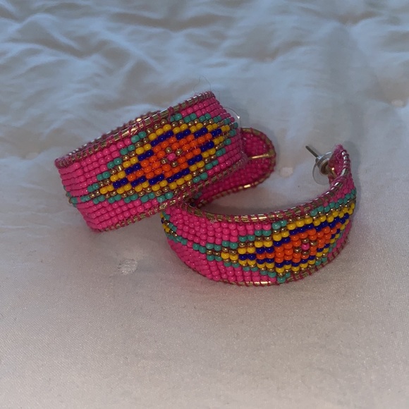 Pink Aztec Beaded Hoop Earrings - Picture 2 of 4